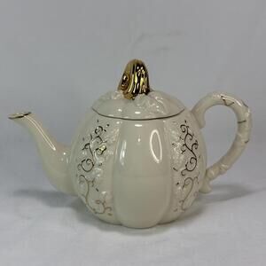Lenox Retired Golden Harvest Fine Ivory 24K Gold Pumpkin Teapot 2003 Excellent